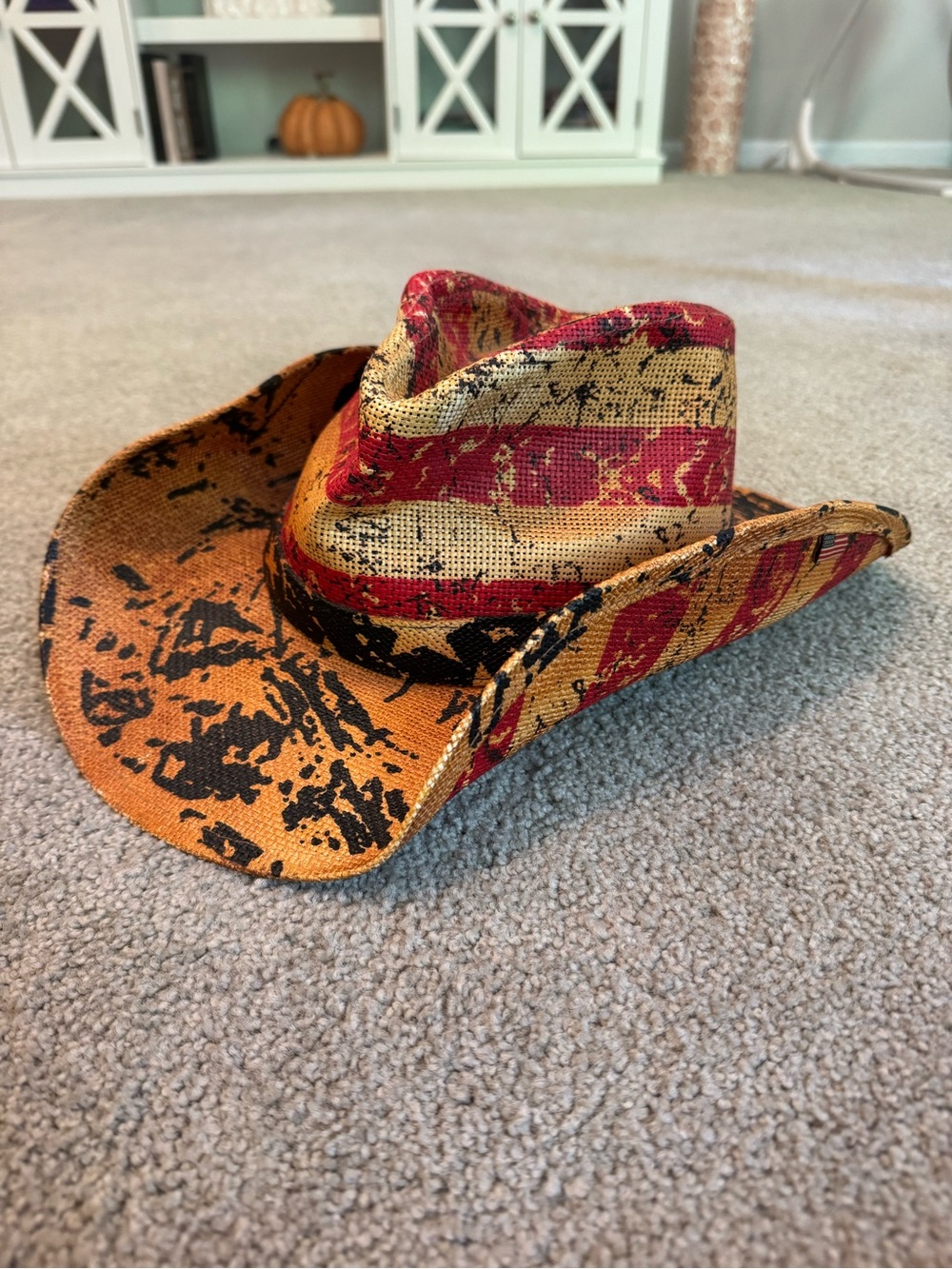 Patriotic Western Tea-Stained Distressed Cowboy Hat Coated Straw American Flag